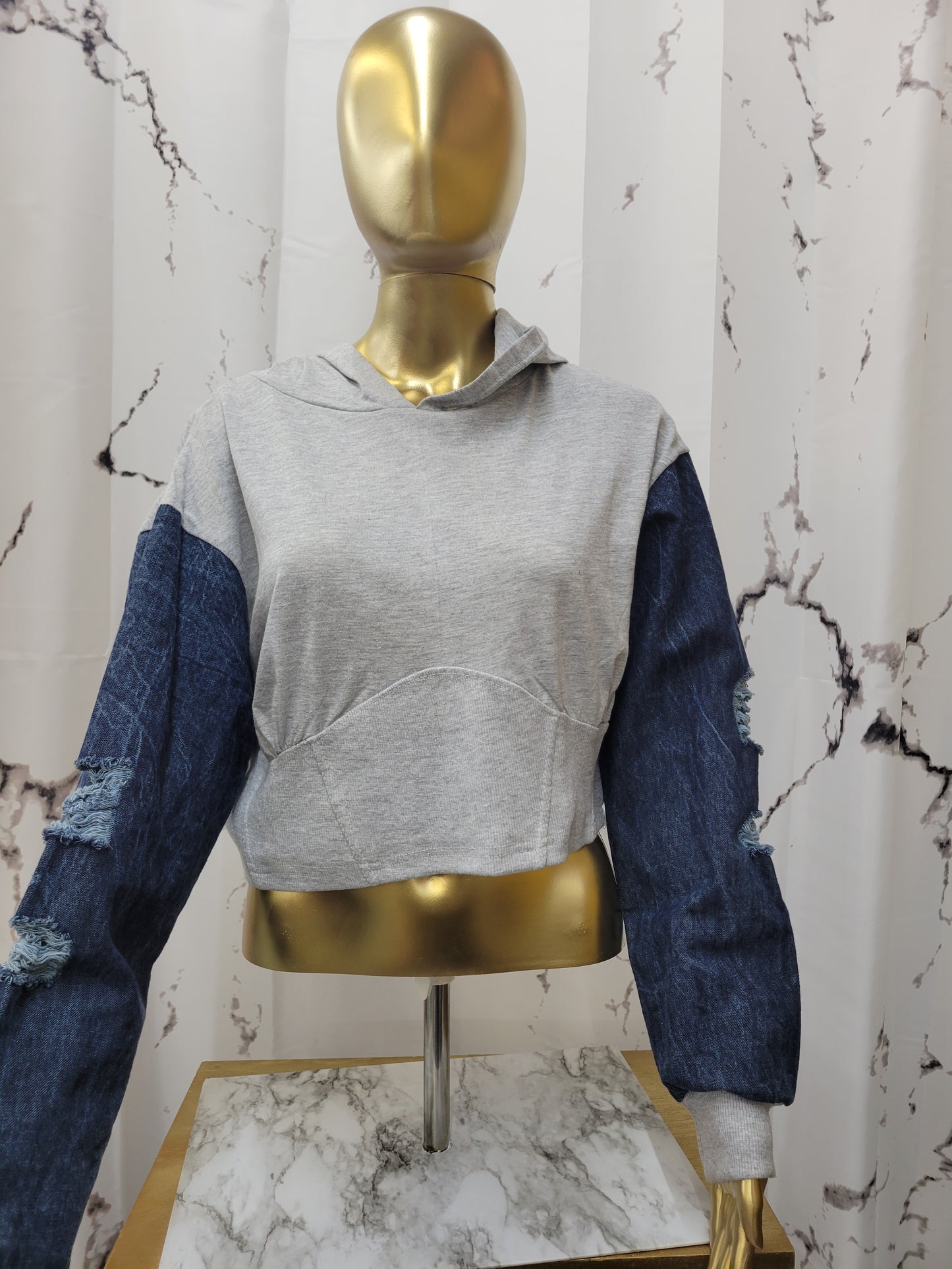 Denim Sleeve Crop Hoodie