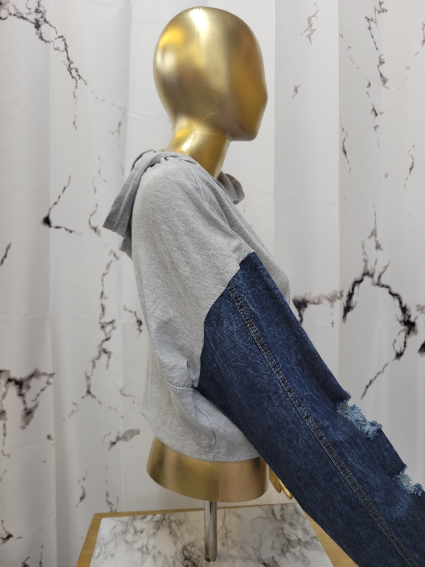 Denim Sleeve Crop Hoodie