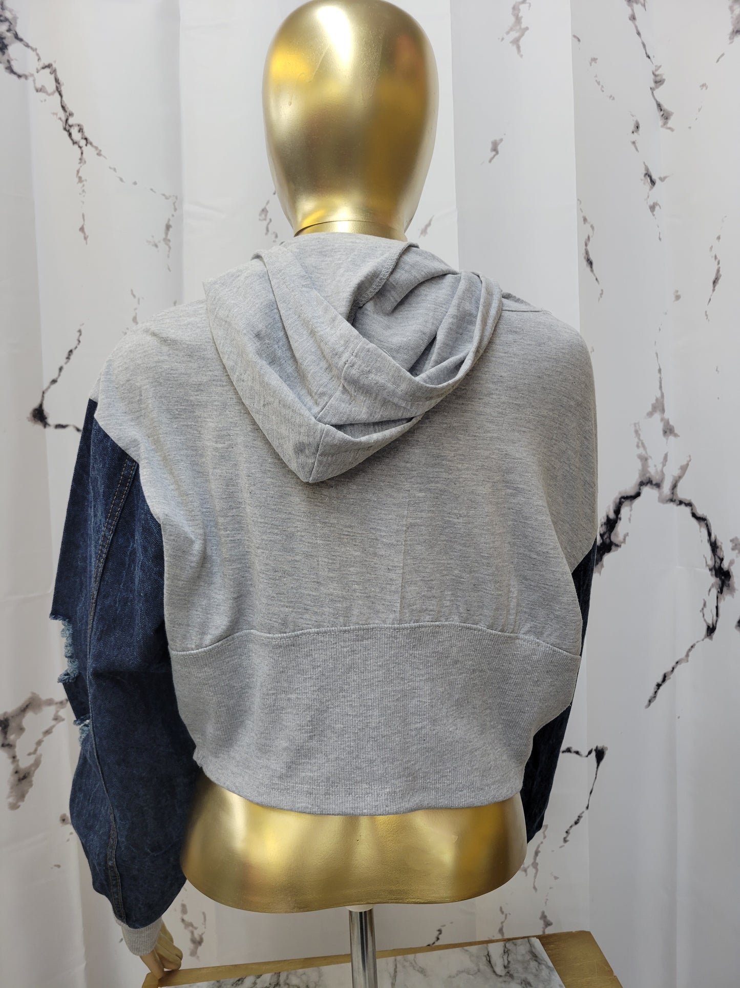 Denim Sleeve Crop Hoodie